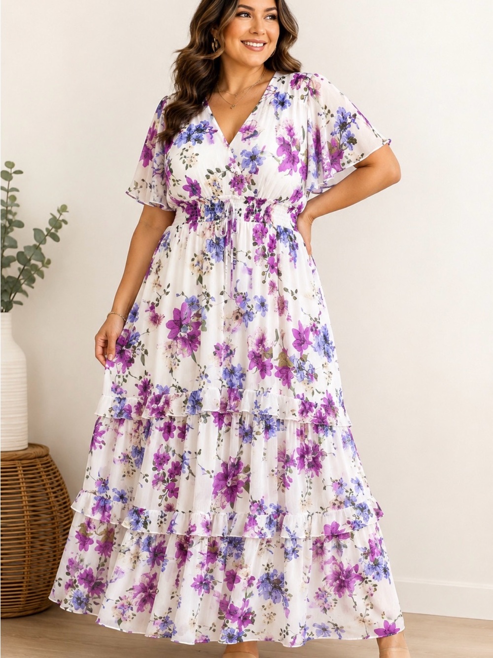 NWT Tamara H. Floral Tiered Maxi Dress Size 3X Purple White Boho
